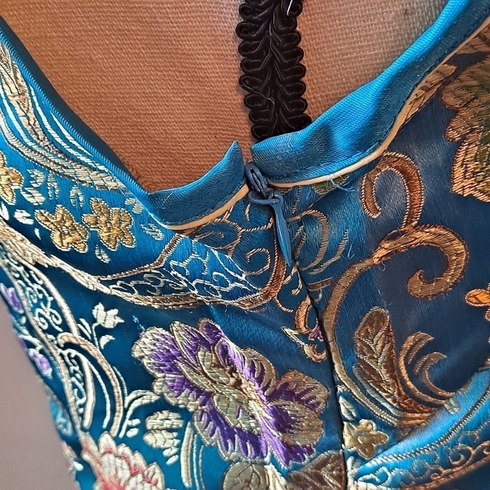 Huangchao Mandarin Collar Dress Size XL turquoise floral sleeveless - Picture 10 of 13